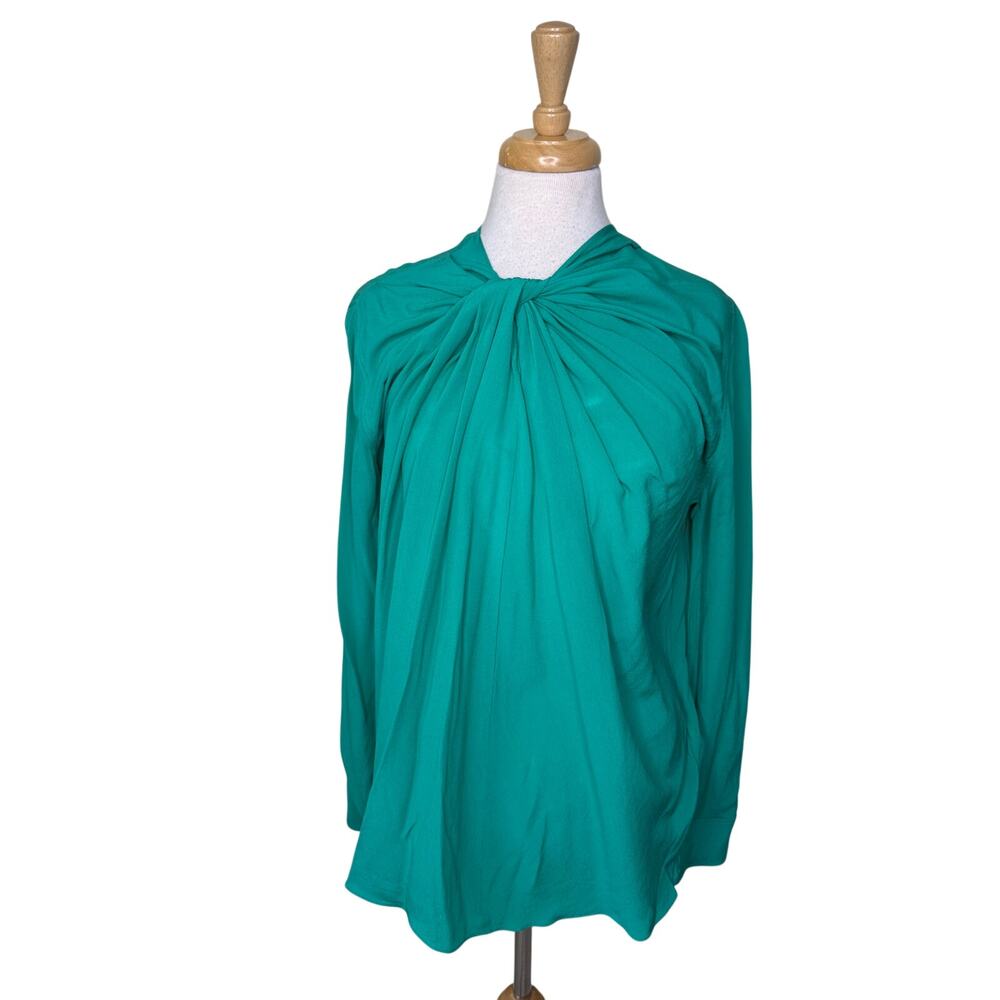 VICTORIA BECKHAM Scoop-neck twist-knot silk-crepe shirt Teal Green Size US 10 - Picture 2 of 11